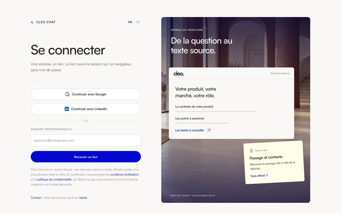 Page d'accueil de Cleo Chat : connexion et aperçu d'une réponse sourcée