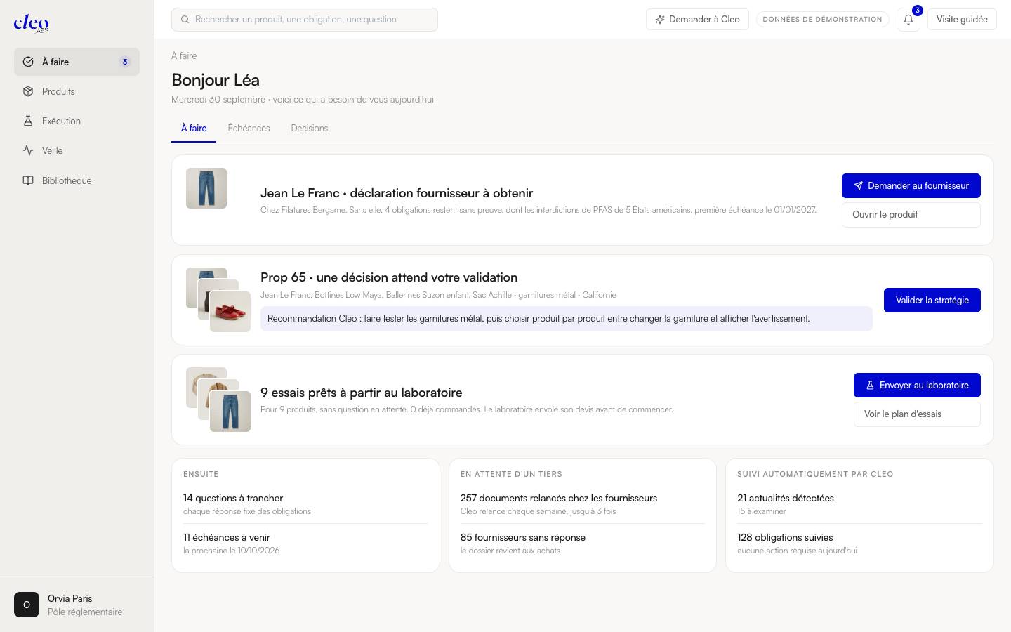 Accueil de la plateforme : produits prêts, produits à traiter, essais, échéances, signaux